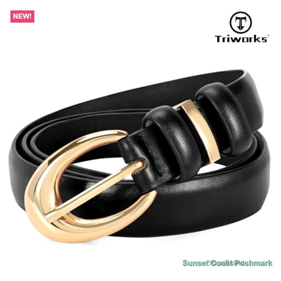 2 Pack Women Faux Leather Belt Skinny Fashion with Gold Buckle main image 5